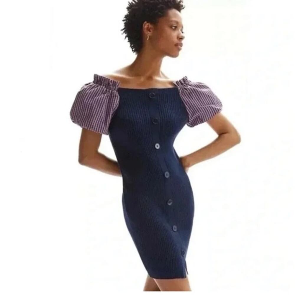 Maeve by Anthropologie XL  Blue Ribbed Puff Sleeve Bodycon Mini Knit Dress